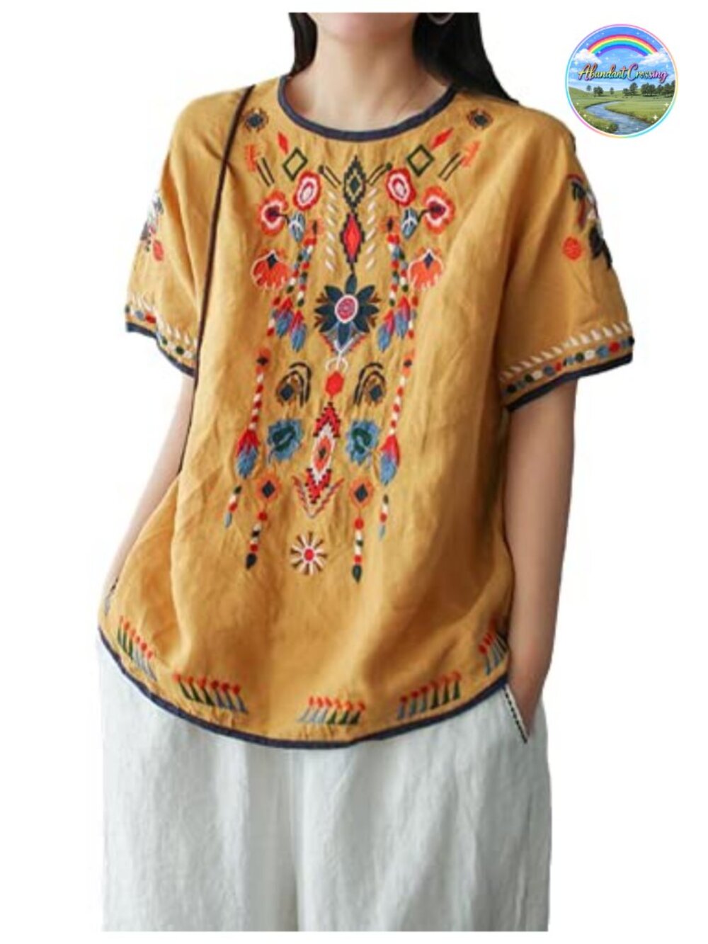 Cotton Linen Embroidered Short Sleeve Peasant Tunic Top Boho Festival
